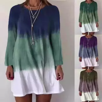 Женское весенне-осеннее платье с длинным рукавом и круглым вырезом, градиентного цвета, свободное цельное платье S синий