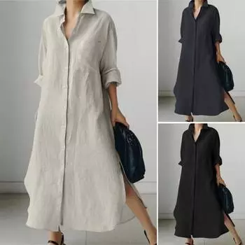 Женское весенне-осеннее платье с длинными рукавами, нерегулярный разрез, однотонное одноцветное однобортное платье-рубашка со свободными лацканами, повседневное повседневное платье-рубашка макси 3XL светло-серый