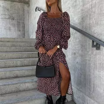 Женское весенне-осеннее платье с квадратным воротником и цветочным принтом с длинными рукавами S чёрный