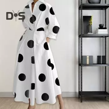 Женское весенне-осеннее платье с лацканами, V-образным вырезом, подходящим по цвету, обтягивающее, с высокой талией, длиной до середины голени, А-силуэта, со свободным подолом, с принтом, женское платье миди для деловых поездок и вечеринок S темно-синий