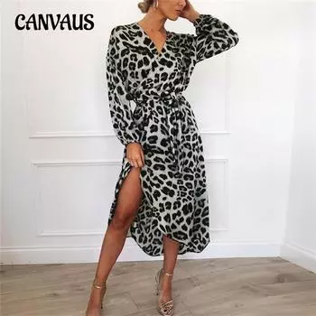 Женское весенне-осеннее платье с леопардовым принтом и v-образным вырезом с длинными рукавами и завязками S розовый