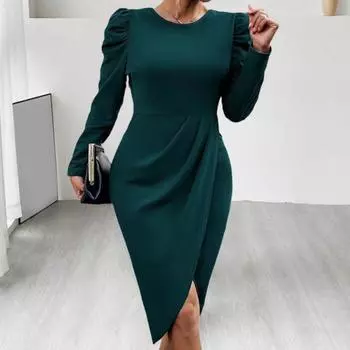 Женское весенне-осеннее платье с нерегулярным подолом, плиссированным сплошным цветом, застежкой-молнией сзади, с длинным рукавом, облегающее, с плотной талией, длиной до колена, элегантное платье миди для поездок на работу M абрикосовый