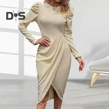 Женское весенне-осеннее платье с нерегулярным подолом, плиссированным сплошным цветом, застежкой-молнией сзади, с длинным рукавом, облегающее, с плотной талией, длиной до колена, элегантное платье миди для поездок на работу M абрикосовый