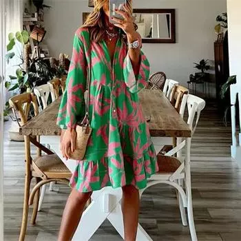 Женское весенне-осеннее платье с расклешенными рукавами и V-образным вырезом, цельное платье с принтом S зелёный