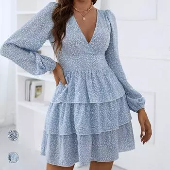 Женское весенне-осеннее платье с v-образным вырезом и высокой талией, пышными рукавами и принтом в горошек, S-XL S белый