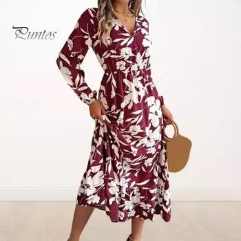 Женское весенне-осеннее платье с V-образным вырезом, цветочным принтом, длинными рукавами, зауженной талией, А-силуэтом, струящимся оборчатым подолом, для свиданий и шопинга, миди-платье S хаки