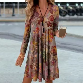 Женское весенне-осеннее платье с v-образным вырезом и цветочным принтом, девятый рукав, свободное мини-платье в стиле ретро с градиентом цвета выше колена 3XL