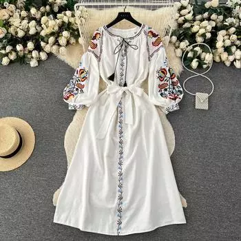 Женское весенне-осеннее платье в винтажном этническом стиле с длинным рукавом и вышивкой, облегающие платья трапециевидной формы с круглым вырезом One Size белый