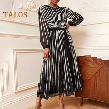 Женское весенне-осеннее повседневное платье с круглым вырезом и длинным рукавом в горошек, миди-платье, струящееся платье трапециевидной формы S зелёный