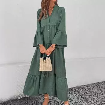 Женское весенне-осеннее свободное и милое повседневное платье с длинными рукавами и широкими складками S зелёный