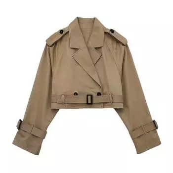 Женское весенне-осеннее укороченное пальто с лацканами и длинными рукавами, двубортная ветровка, однотонная повседневная верхняя одежда, уличная одежда S хаки