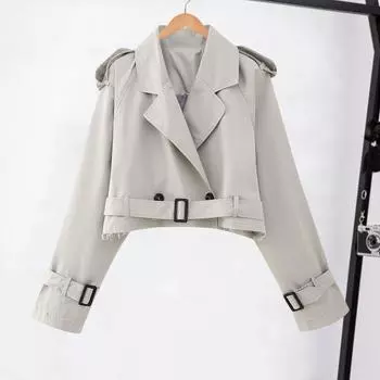 Женское весенне-осеннее укороченное пальто с лацканами и длинным рукавом, двубортная ветровка, однотонная куртка L хаки