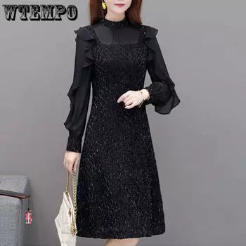 Женское весеннее элегантное платье с длинными рукавами и оборками, темпераментное яркое шелковое искусственное платье-двойка А-силуэта M чёрный