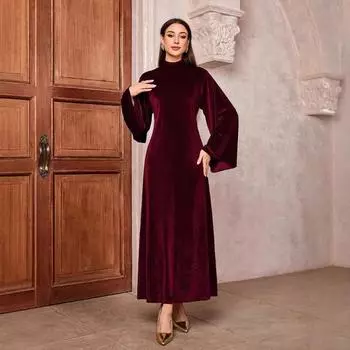 Женское весеннее бархатное платье с рукавами-трубами и поясом-молнией S бордовый