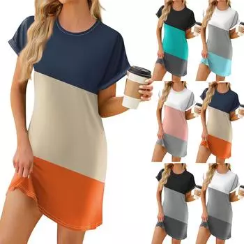 Женское весеннее и летнее модное свободное платье с круглым вырезом и короткими рукавами L чёрный