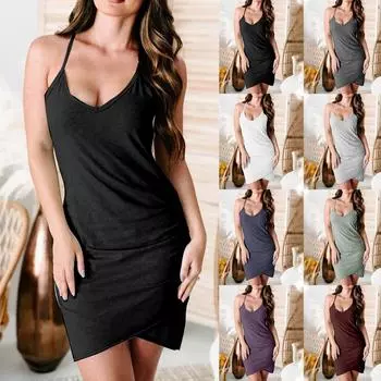 Женское весеннее и летнее однотонное облегающее повседневное платье с v-образным вырезом на бретелях и запахом на бедрах L чёрный