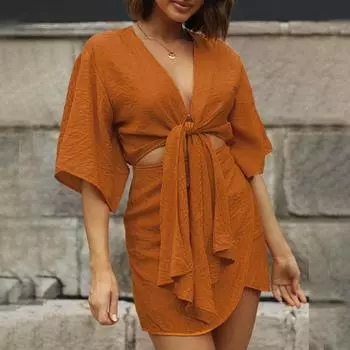 Женское весеннее и летнее однотонное платье с короткими рукавами и короткими рукавами с нерегулярным подолом XL оранжевый