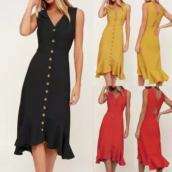 Женское весеннее и летнее однотонное платье с v-образным вырезом без рукавов, однобортное платье с закрытой спиной и талией L красный