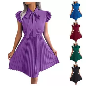 Женское весеннее и летнее плиссированное платье с завязками на талии L чёрный