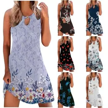 Женское весеннее и летнее сексуальное платье с вырезом и талией без рукавов с принтом M синий