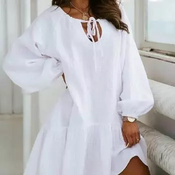 Женское весеннее и летнее широкое свободное платье из хлопка и льна с пышными рукавами S чёрный