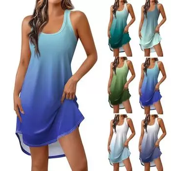 Женское весеннее и летнее темпераментное модное короткое жилет с коротким жилетом и тонким платьем с круглым вырезом и принтом L синий