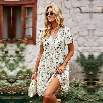 Женское весеннее и осеннее платье с v-образным вырезом, свободное платье с цветочным принтом, тонкое с короткими рукавами XL зелёный