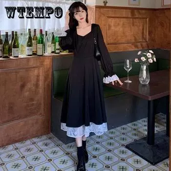 Женское весеннее и осеннее винтажное элегантное черное кружевное длинное праздничное платье большого размера с длинными рукавами XXXXL чёрный