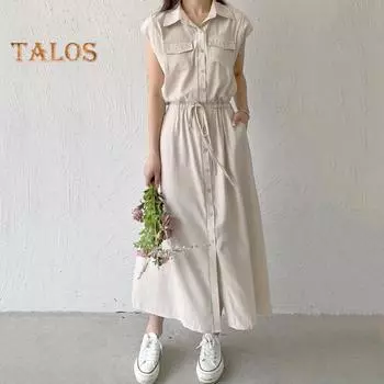 Женское весеннее классическое платье, рубашка с отложным воротником, нагрудные карманы, длинные рукава, завязка на талии, плиссированные боковые карманы, однобортное платье OL для поездок на работу, платье миди M синий