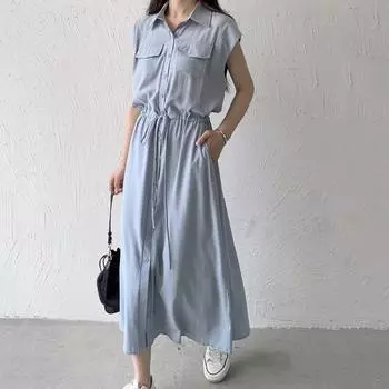 Женское весеннее классическое платье, рубашка с отложным воротником, нагрудные карманы, длинные рукава, завязка на талии, плиссированные боковые карманы, однобортное платье OL для поездок на работу, платье миди M синий