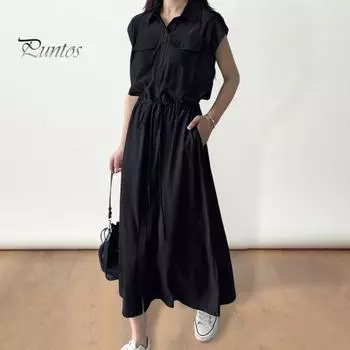 Женское весеннее классическое платье, рубашка с отложным воротником, нагрудные карманы, длинные рукава, завязка на талии, плиссированные боковые карманы, однобортное платье OL для поездок на работу, платье миди M синий