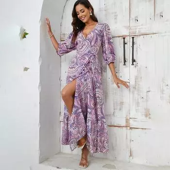 Женское весеннее короткое платье с рукавами-фонариками и цветочным принтом, V-образным вырезом, летнее повседневное платье А-силуэта с бретельками длиной до щиколотки и высокой талией, с разрезом S фиолетовый