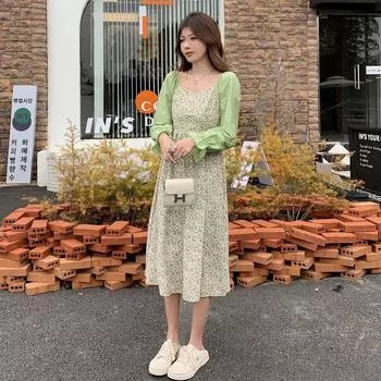 Женское весеннее милое платье с цветочным принтом, лоскутное платье с высокой талией и длинным рукавом, синее, зеленое S синий