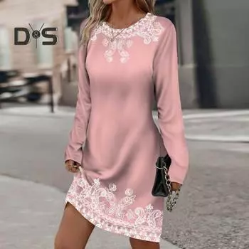 Женское весеннее мини-платье с принтом и круглым вырезом, платье с длинными рукавами, осеннее повседневное офисное платье для дам M серый