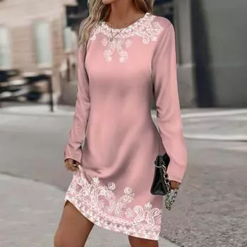 Женское весеннее мини-платье с принтом и круглым вырезом, платье с длинными рукавами, осеннее повседневное офисное платье для дам M серый