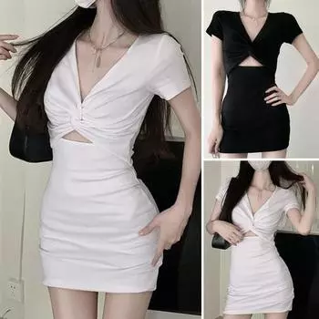 Женское весеннее мини-платье с V-образным вырезом и перекрестным узлом с открытой талией, однотонное, с короткими рукавами, облегающее эластичное платье длиной выше колена, женское короткое платье XL чёрный