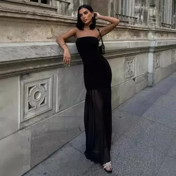 Женское весеннее модное безрукавное сетчатое лоскутное платье с утягивающей талией S чёрный