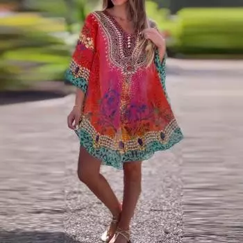 Женское весеннее модное свободное платье-халат с V-образным вырезом и принтом в национальном стиле S красный