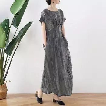 Женское весеннее нишевое платье Johnature в китайском стиле в стиле ретро, модное однотонное платье со складками и круглым вырезом One Size серый