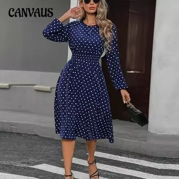 Женское весеннее новое элегантное платье в горошек с длинным рукавом, с широкими подолами, с завышенной талией, с небольшими свободными миди-платьями S темно-синий