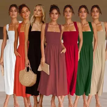 Женское весеннее облегающее платье-майка без рукавов на подтяжках, летнее повседневное платье А-силуэта с цельным воротником и открытой спиной, с высокой талией, однотонные платья S-XL S оранжевый