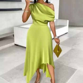 Женское весеннее однотонное платье без рукавов с косыми плечами, летнее повседневное платье А-силуэта с высокой талией, асимметричное длинное платье S-XL L