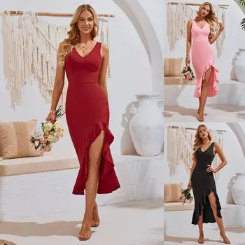 Женское весеннее однотонное платье без рукавов с V-образным вырезом, летнее повседневное платье А-силуэта с высокой талией и оборками по подолу, нестандартные длинные платья S-XL S чёрный