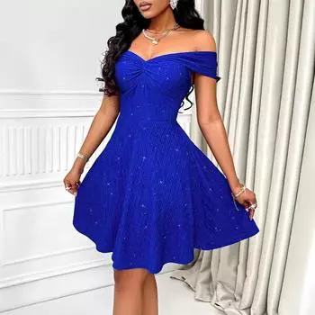 Женское весеннее однотонное платье без рукавов с V-образным вырезом, летнее повседневное платье А-силуэта с высокой талией, средней длины, размеры S-XL S синий