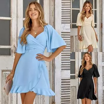 Женское весеннее однотонное платье с V-образным вырезом и коротким рукавом в виде листьев лотоса, летнее повседневное платье А-силуэта с высокой талией выше колена, длина S-XL S светло-синий