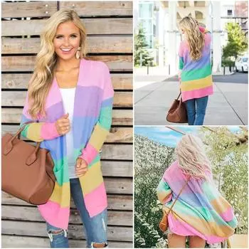 Женское весеннее пальто Радужный кардиган Свитер Куртка XL разноцветный