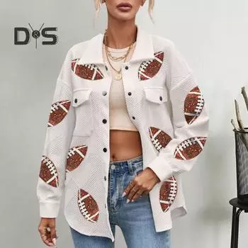 Женское весеннее пальто с пайетками, узором в виде мяча для регби, отложным воротником, однобортное, с накладными карманами, средней длины, свободная женская рубашка с длинными рукавами 2XL белый