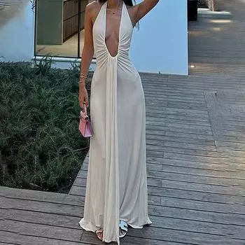Женское весеннее платье 2025 года, новое темпераментное элегантное платье с V-образным вырезом и открытой спиной S белый