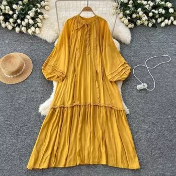 Женское весеннее платье Advanced Sense of Lazy Style со шнуровкой, однобортное, с рукавами-фонариками, свободное, тонкое, с оборками One size хаки