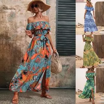 Женское весеннее платье без рукавов с цветочным принтом и воротником на одно плечо, летнее повседневное платье А-силуэта с разрезом на поясе и высокой талией длиной до щиколотки S жёлтый